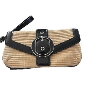 Ann Taylor Wicker Almond/Black Patent Leather Clutch With Silver Buckle Size OS